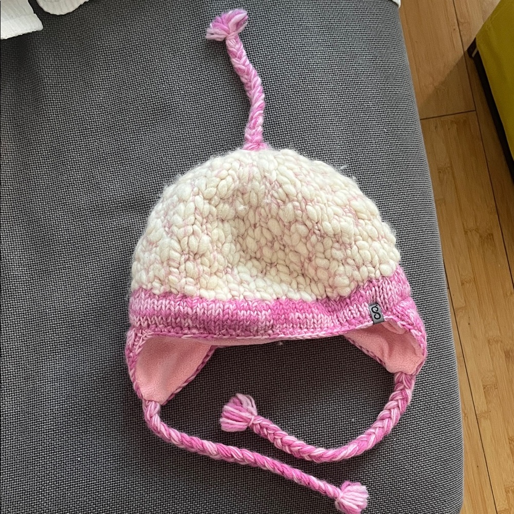 Pink and White Knit Wool Hat with Ear Flaps